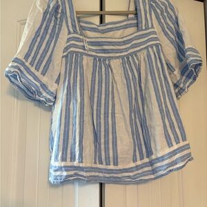 Blue & White Striped Square-Neck Peasant Top